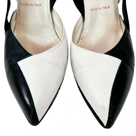Vintage Miu Miu Black & White Leather 3.25" Slingback Pumps sz 37.5 - Picture 5 of 11